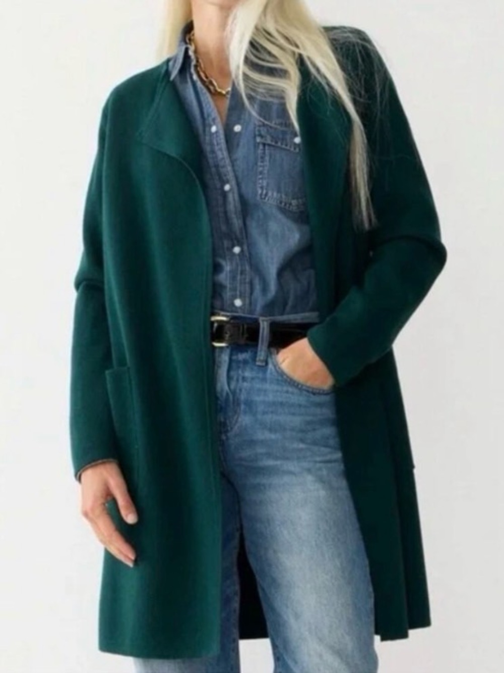 J Crew Wool Blend Collarless Cardigan Sweater Blazer Holiday Cozy Mature Green S